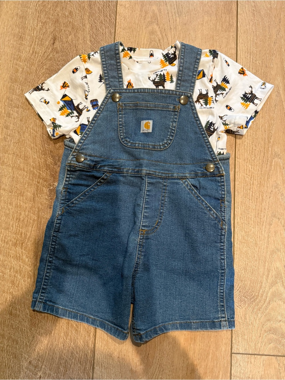 Carhartt Kids Denim Bibs in Blue with White Camp Tee